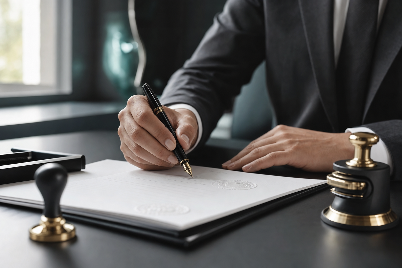 A notary signing legal documents at a desk with a seal embosser and stamp nearby
