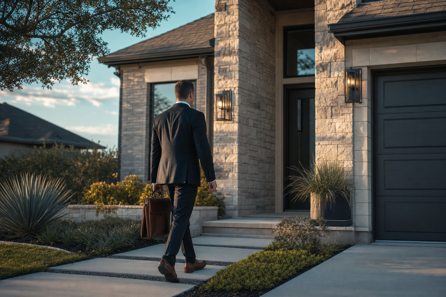 A mobile notary arriving at a client's home carrying a leather document case