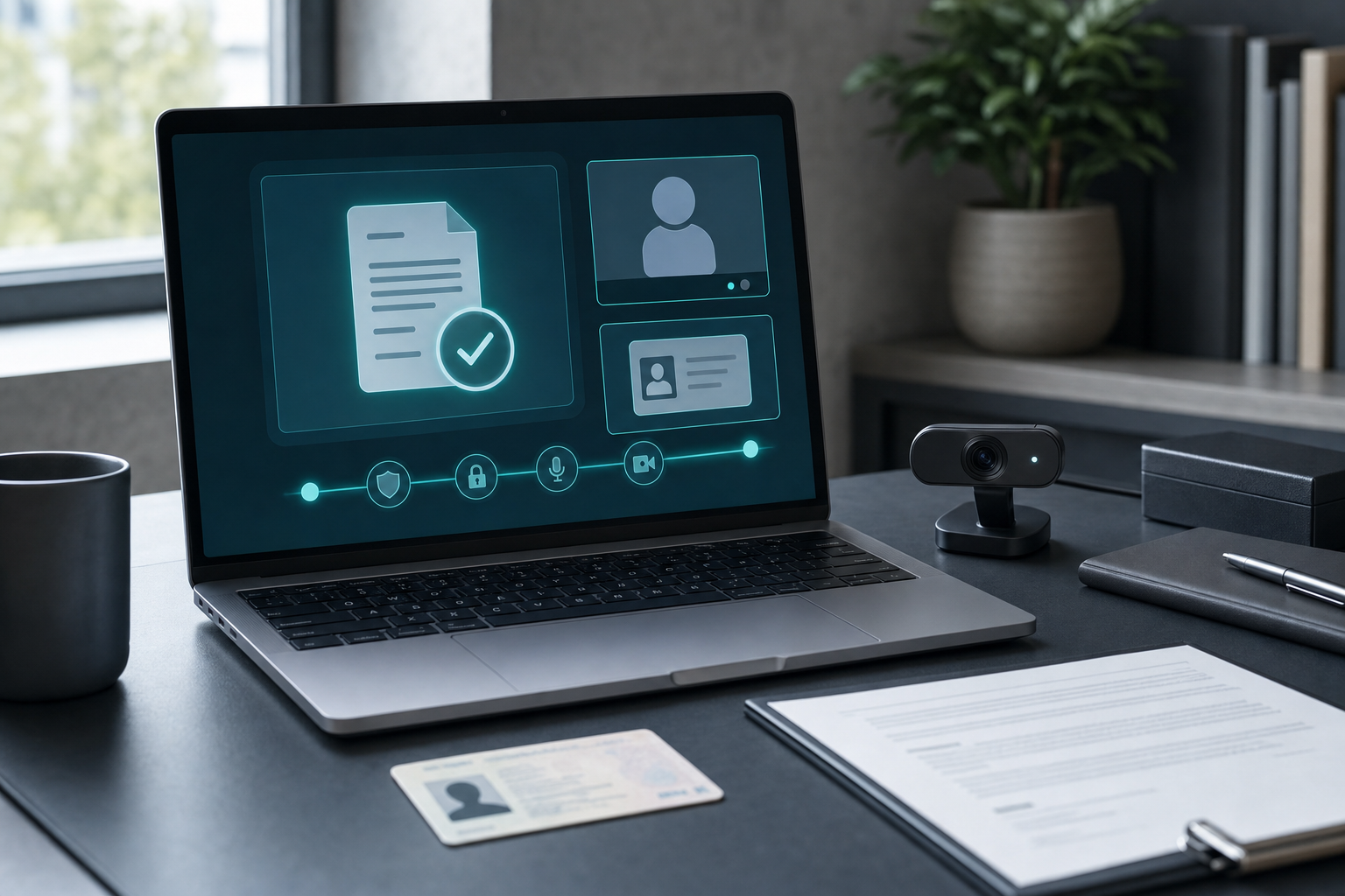 A laptop showing a secure online notarization video session with ID and document